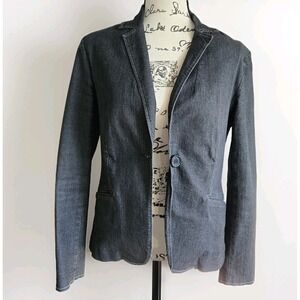 Things Contempo One Button Denim Jacket Sz 32 M Blazer Black Shoulder Pad Pocket